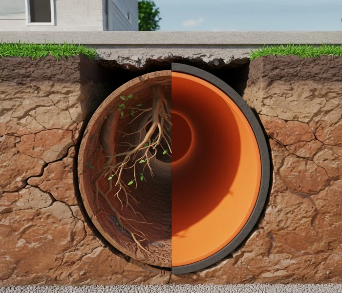 Before and after pipe relining diagram comparing damaged, root-intruded pipe with repaired, watertight pipe interior.